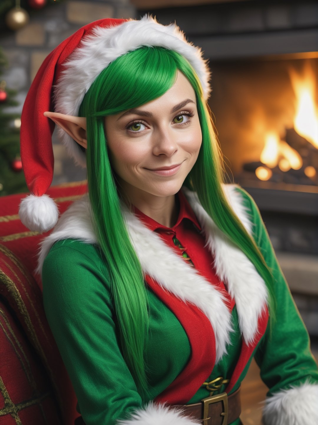 photo r3al, masterpiece, best quality, cartoon, 8k, ultra detailed, santa's elf, solo female, smirking, green santa's elf outfit, fireplace, (((closeup))), portrait, 