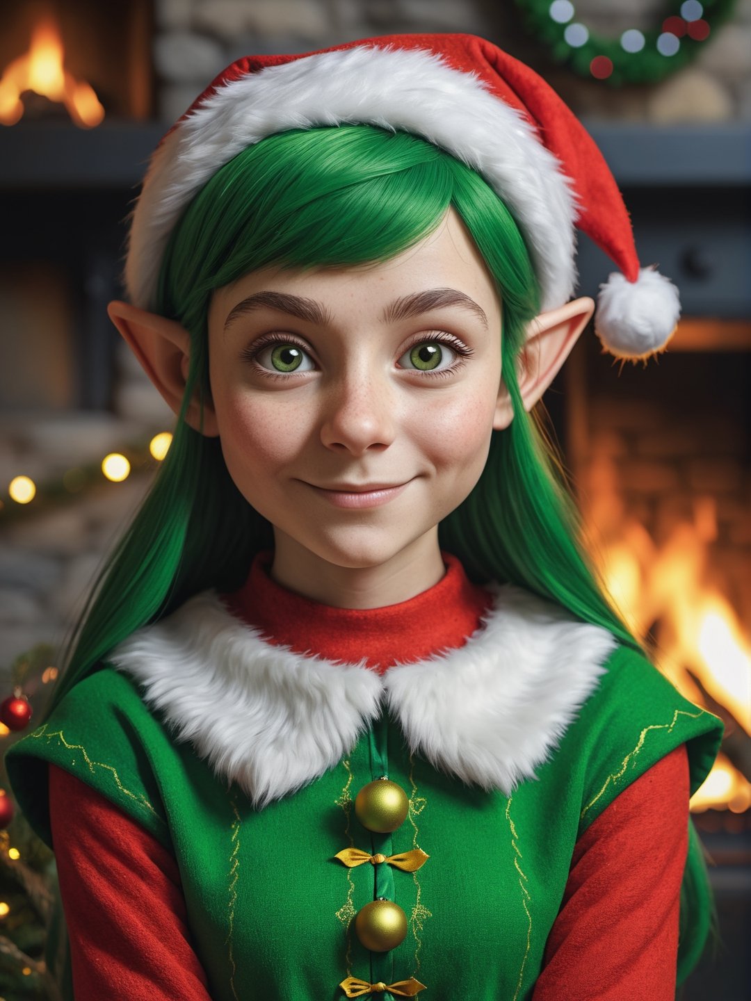 photo r3al, masterpiece, best quality, cartoon, 8k, ultra detailed, santa's elf, young female, smirking, green santa's elf outfit, fireplace, (((closeup))), portrait, 