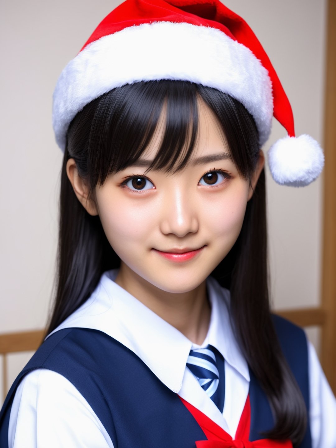 photo r3al, masterpiece, real photo, real person, best quality, ultra realistic, 8k, ultra detailed, 1girl, cute, black shiny hair, Yandere-Chan, white-blue japanese school uniform, portrait, (((closeup))), front view, detailed face, natural face, natural beauty, smirk, heartwarming, christmas themed room, santa hat