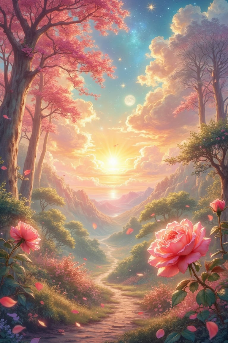 magine a vibrant anime-style HD scene set in a magical landscape that bursts with color and life. In the foreground stands a beautiful, blooming rose, its delicate petals shining with soft pink and red hues. The rose is surrounded by intricate thorny vines, symbolizing the challenges and pain that lead to growth. These thorns are glowing faintly, as if they too hold a transformative power within them.

Behind the rose, the scene opens up to a vast, ethereal sky filled with glowing, soft pink and gold hues, radiating peace and warmth. The light from the sky bathes everything in a heavenly glow, casting a feeling of transformation. Small petals float gently through the air, carried by a mystical breeze, adding a sense of fluidity and movement to the scenery.

In the background, a serene forest filled with tall, ancient trees stands bathed in the same magical light, hinting at the depth of personal growth that comes through the journey of emotions. The trees are covered with soft, luminous moss and delicate blossoms, symbolizing continuous growth despite hardships.

The sky above is alive with a mix of golden sunlight, shimmering stars, and a radiant moon, highlighting the cycle of life and emotions—joy, sadness, and pain—as teachers on the path to inner strength. The entire scene exudes a sense of peace, transformation, and spiritual awakening, drawing the viewer into its magical, calming beauty.

This scene is a visual metaphor for the idea that every emotion is a teacher, re
