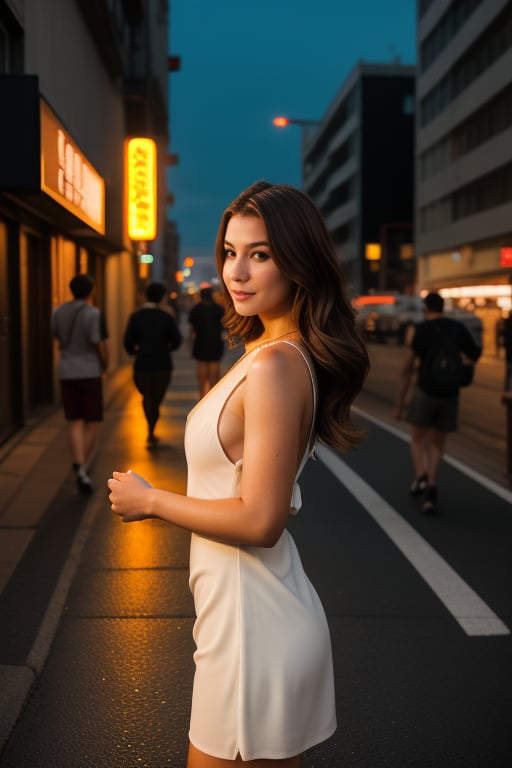 Create a closeup or 3/4 body of young european woman (20 years old, natural brown hair, White Sommer Dress) and Nissan skyline R32 (orange) front side in Tokio (🌞 hot Summer day), beautiful, tumblr aesthetic, hd photography, hyperrealism, photorealistic, flickering light, anime character, detailed, vibrant, anime face, sharp focus, character design, wlop, artgerm, kuvshinov, character design, unreal engine, beautiful city at night, long exposure city at night photography, full-color, urban street photography, nightlife, synthwave, cityscape, hd photography, digital art, 4k,Military,Jill