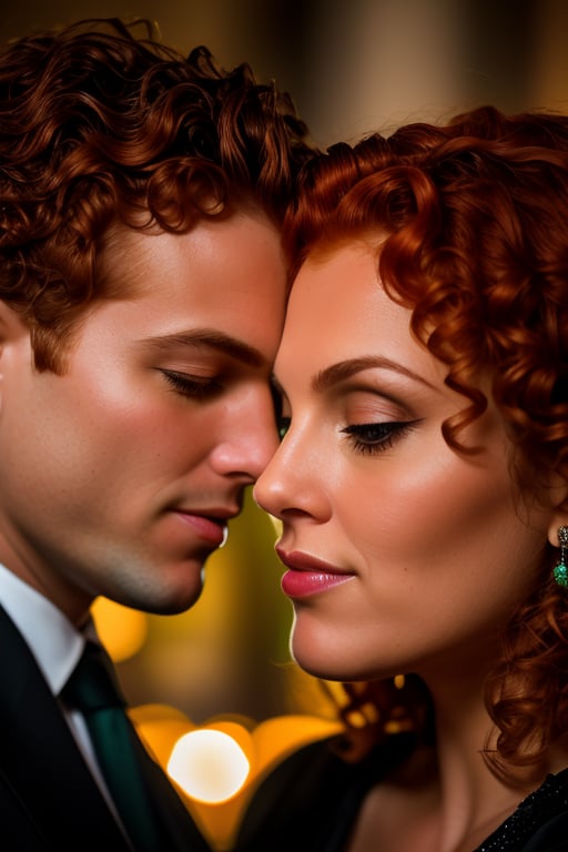 Golden twilight whispers secrets beneath warm lighting, as ravishing redhead's emerald eyes sparkle like polished gemstones amidst curly ginger locks framing porcelain skin. Fitted black dress accentuates curves against rich wood tones, dimly lit ambiance, and whiskey-tinged air wafts from martini glass inches from lips. Soft focus captures tender connection, lips almost touching in loving union, as searching stare fills with romantic light. Macro extreme closeup of face and mouth captures the whispered intimacy between two souls, as her gaze meets yours in a tender kiss.