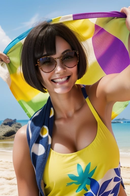 A smiling 22-year-old American girl, sporting a trendy bob-cut with short black hair, takes a selfie against the vibrant backdrop of Thai beaches. She's leaning against a colorful beach towel, wearing a bright yellow swimsuit and oversized sunglasses, her eyes squinting slightly from the tropical sunlight.