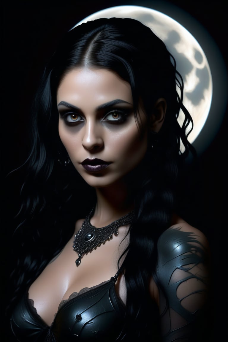 A haunting snapshot captures the enigmatic dark goddess bathed in the eerie glow of a full moon. Her piercing dark eyes seem to bore into the soul as she stands tall against a darkened backdrop, her all-black attire blending with the shadows. Framed in a 2:3 aspect ratio, her photorealistic features are meticulously detailed, drawing the viewer's gaze to her intense, mystical aura.,gothic  (((photorealistic:1.4))), 