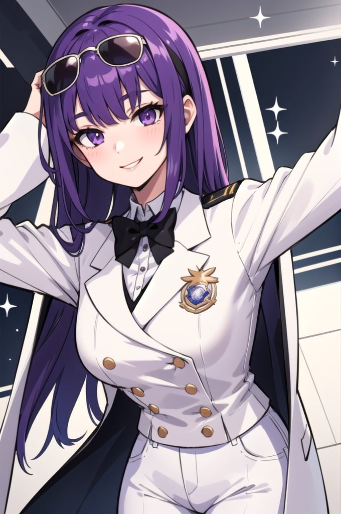 1girl, 1_girl, solofemale, solo_female medium_breasts, white_jeans, white_tuxedo, one_sunglasses_above_head, purple_hair, purple_flower_on_head, white_shirt_under_tuxedo, smiling, sparkling eyes,  'TA'_badge