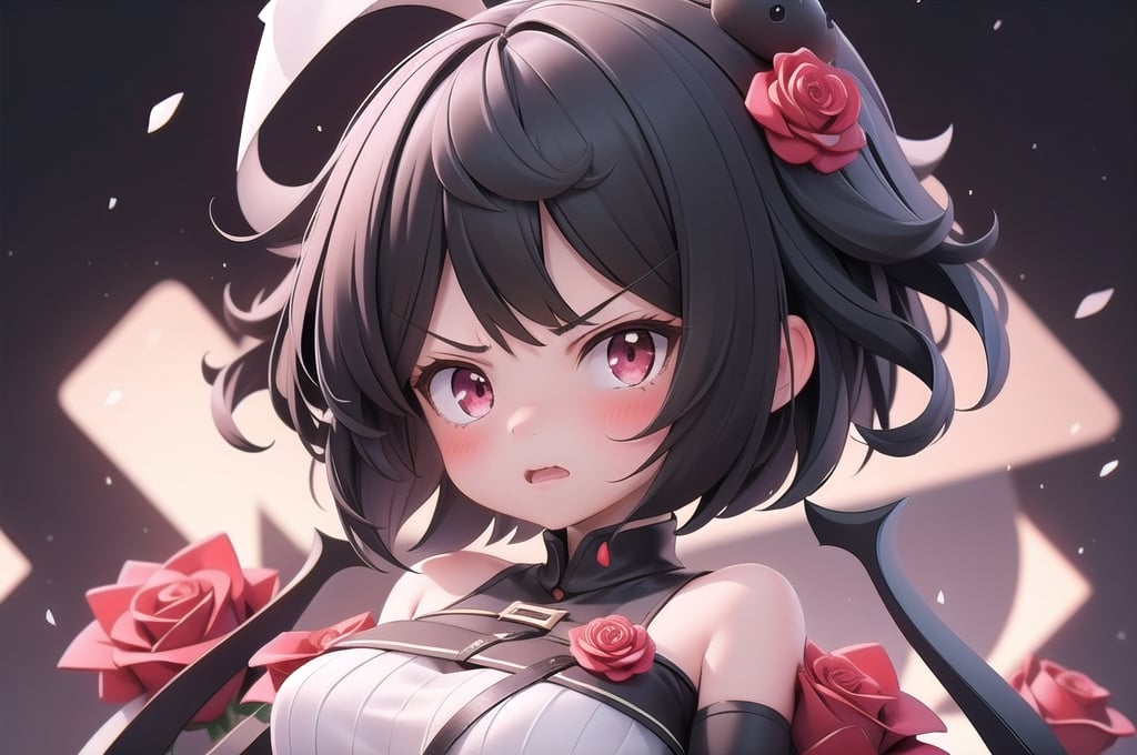 1girl, solo_female, female_solo, 1_girl, gradient_hair, bob_cut, black_hair, red_eyes, medium_breasts, tight_black_shirt, deattached_shoulders, short_white_skirt, red_rose_on_head, red_rose, redrose, detailed_eyes, tsundere, angry