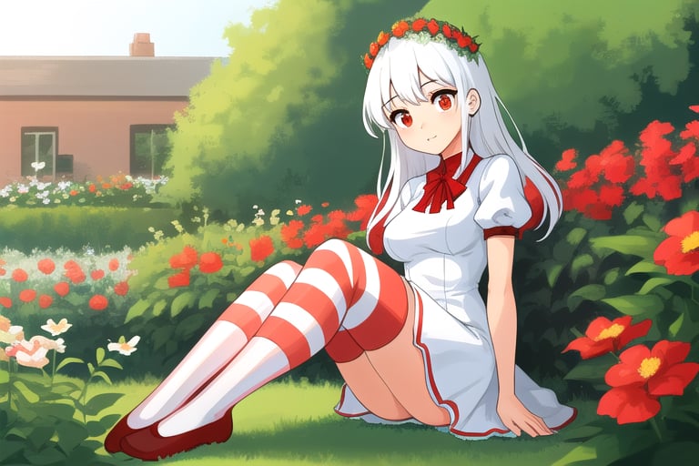 1girl, long_white_hair, red_eyes, medium_breasts, short_white_princess_dress_red_stripes, sitting_in_garden, red_flower_crown, white_and_red_striped_knee_socks