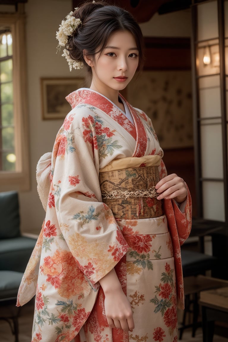 A beautiful young Japanese woman, 22yo, luxurious Japan style kimono, ornate floral embroidered, cinematic, highly details, immersive atmosphere, impeccably detailed, visually stunning, real-to-life upper body portrait, transfixing looks, emotive depth, artistic emotionality, compelling glances, 