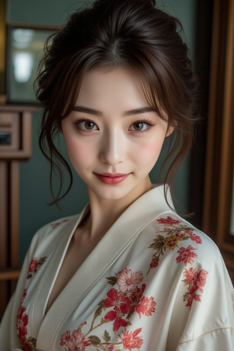 A beautiful young Japanese woman, 22yo, luxurious Japan style kimono, ornate floral embroidered, cinematic, highly details, immersive atmosphere, impeccably detailed, visually stunning, real-to-life upper body portrait, transfixing looks, emotive depth, artistic emotionality, compelling glances, 