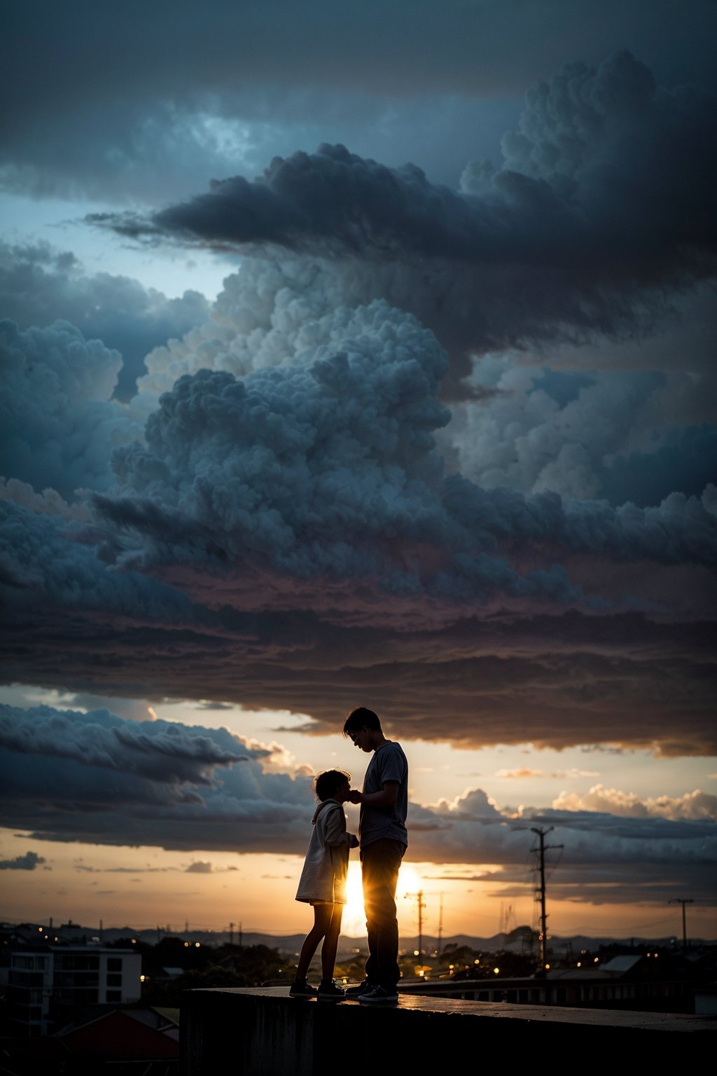 A young student clings tightly to a sturdy lamppost as strong gusts of wind from the intense typhoon threaten to sweep them away. The framing captures the drama of the moment with the student's tiny figure silhouetted against the turbulent sky, where dark clouds churn and lightning flashes. Lighting is stark, with harsh shadows accentuating the desperation in the child's face as they grasp for stability.