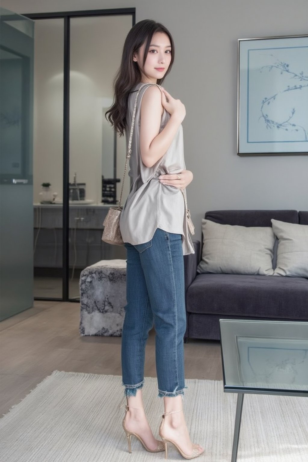 The image features a beautiful young korean woman posing in a stylish and casual outfit against a modern living room background. She is wearing skinny jeans that accentuate her slender legs, paired with sleeveless shirt, completes her outfit with sequined stiletto sandals, which add elegance to her casual look. She gazing at camera, charming smile face, striking a confident and allure's pose, realistic, detailed, lights and shadows, contrast, sharp focus 