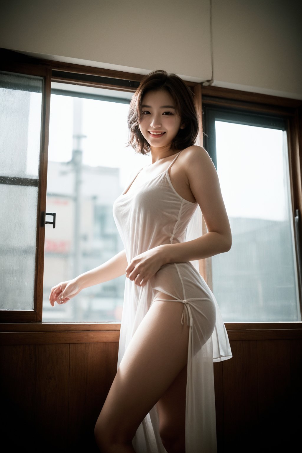 (Best quality, 8k, 32k, raw photo, cinematic, photorealistic, UHD), photo of a 20yo beautiful korean woman, 1girl, maiko, stunning, (short dark brown hair), double eyelids, breasts, slender legs, perfect female figure, (translucent pale skin tone), daily outfit, loose dress, sharp focus, sexy smile face, erotic smile, eyes at camera, from below, closed to up, legs focus, detailed eyes and facial, detailed skin texture, detailed fabric rendering, natural soft daylight,epiC35mm