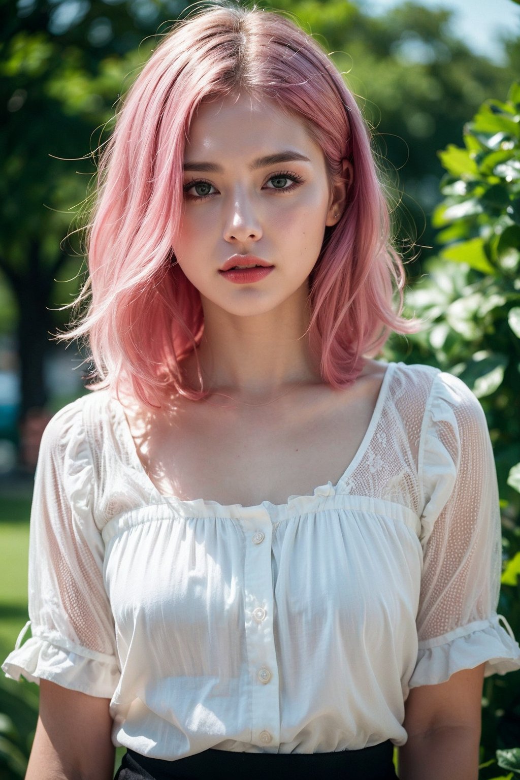 (Best quality, 8k, 32k, Masterpiece, Photoreal, high contrast, UHD:1.2), 1girl, solo, medium pink hair, perfect body, blouse, highly details 