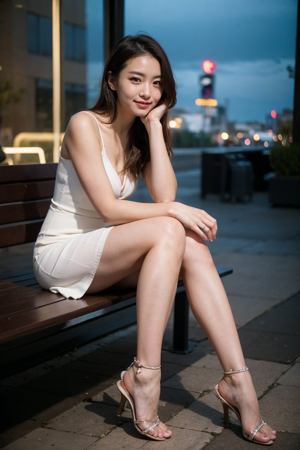 A 24-year-old Japanese woman, radiant with poise, sits on a city bench at dusk, her dark brown hair flowing like a river of night. Soft professional lighting accentuates her natural beauty, highlighting double eyelids and sparkling eyes with intricate pupils. A charming smile curves her full lips, showcasing exquisite facial features against the vibrant cityscape's neon lights. She wears a stunning long white dress that clings to her curves, emphasizing beautiful legs posed elegantly in bare feet for sophistication. The camera captures every detail with realism, rendering fabric textures and ray tracing effects in breathtaking clarity through the EpiC35mm lens' frame.