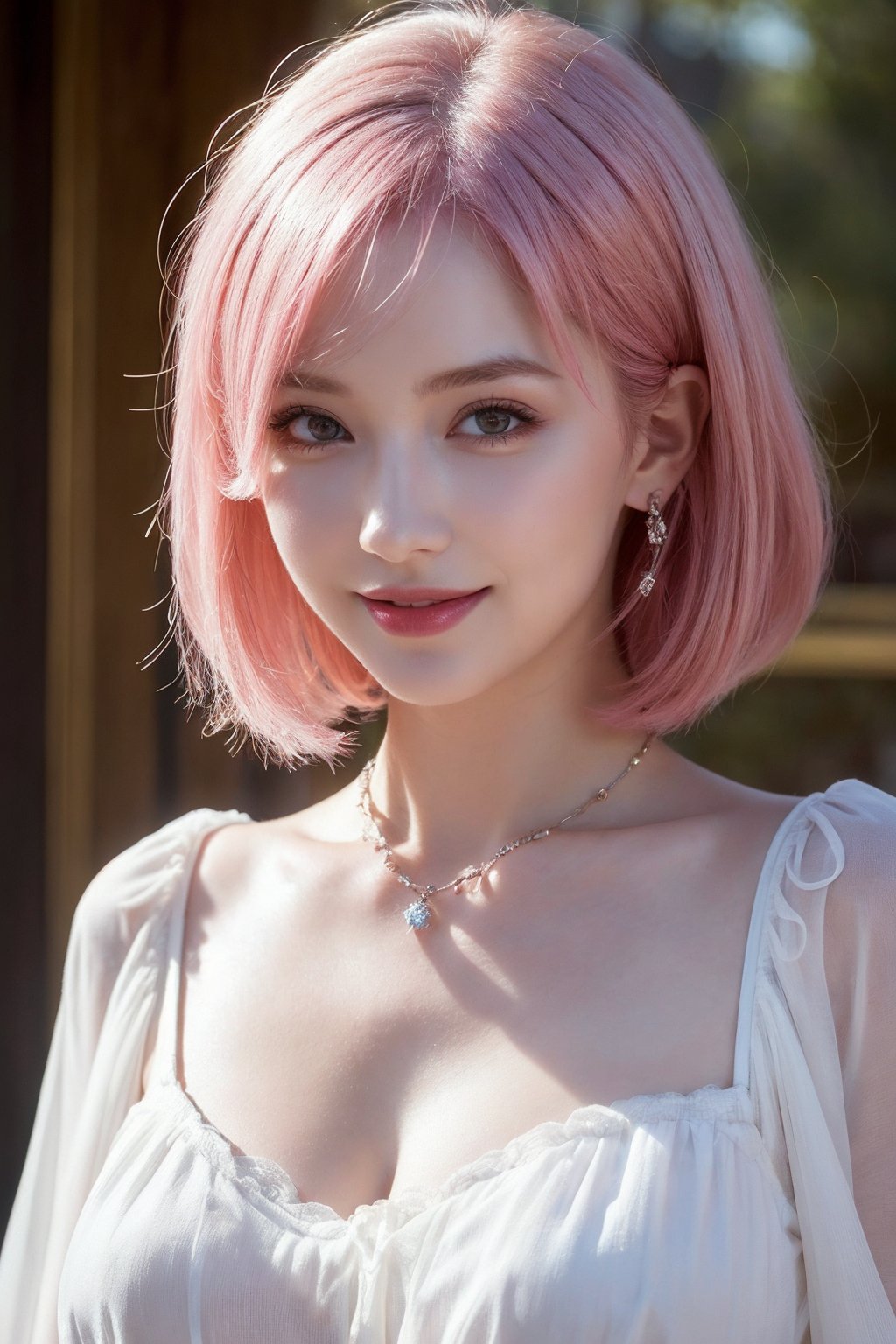 (Best quality, 8k, 32k, Masterpiece, Photorealistic, high contrast, UHD:1.2), 1girl, solo, medium pink hair, perfect makeup, lipstick, perfect figure, translucent pale skin, necklace, slightly translucent white blouse, jewelry, charming face, cute smile, eyes at camera, amazing composition, highly details, cinematic, realistic fabric rendering,