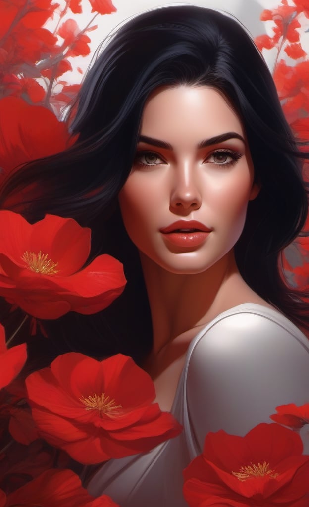 a painting of a woman surrounded by flowers, digital art, by Eddie Mendoza, martin ansin artwork portrait, red colored, very beautiful girl, girl with black hair, cute detailed digital art, shades of red, beautiful avatar pictures, graphic artist magali villeneuve, classy, delicate, voluptuous, graceful, trendy, sublime, enchanting