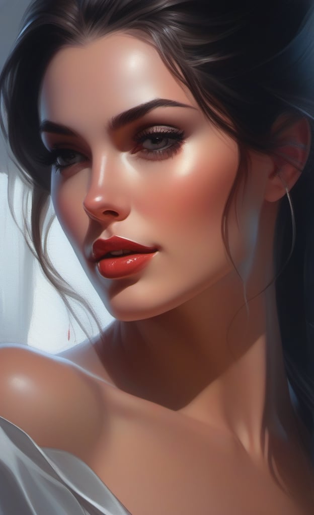 Close up wonderful woman, erotic sin, by artgerm and Martina Fačková, highly detailed, art by Stanley Artgerm, Charlie Bowater, Atey Ghailan and Jay Anacleto, by Jeff Dekal oil painting, heavy strokes, paint dripping, classy, delicate, voluptuous, graceful, trendy, sublime, enchanting