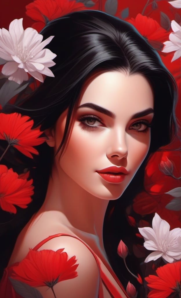 a painting of a woman surrounded by flowers, digital art, by Eddie Mendoza, martin ansin artwork portrait, red colored, very beautiful girl, girl with black hair, cute detailed digital art, shades of red, beautiful avatar pictures, graphic artist magali villeneuve, classy, delicate, voluptuous, graceful, trendy, sublime, enchanting