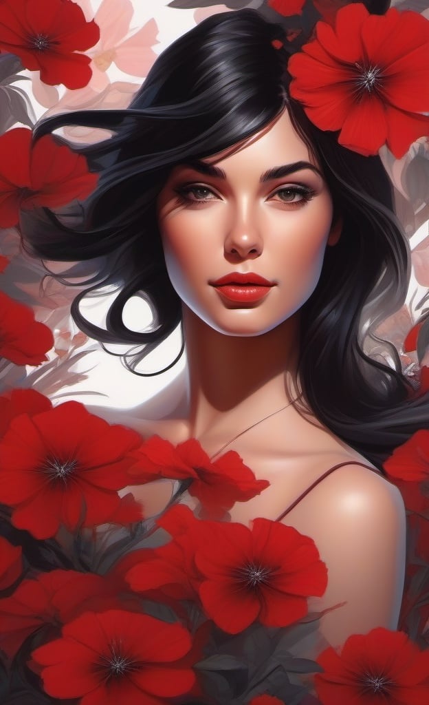 a painting of a woman surrounded by flowers, digital art, by Eddie Mendoza, martin ansin artwork portrait, red colored, very beautiful girl, girl with black hair, cute detailed digital art, shades of red, beautiful avatar pictures, graphic artist magali villeneuve, classy, delicate, voluptuous, graceful, trendy, sublime, enchanting