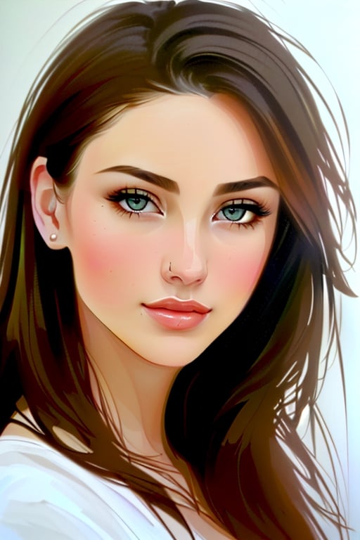 an image of a pale skinned gorgeous  24 year old brunette  college freshman glamour model with long hair, Stunning beauty, lovely face, nearing perfection, perfect eyes, soft lovely facial features, perfect beauty, in the style of russ mills, michael garmash, charming sketches, mono-ha, contemporary asian art, lilia alvarado, concise brushwork. 2, Broken Glass effect, no background, stunning, something that even doesn't exist, mythical being, energy, molecular, textures, iridescent and luminescent scales, breathtaking beauty, pure perfection, divine presence, unforgettable, impressive, breathtaking beauty, Volumetric light, auras, rays, vivid colors reflects