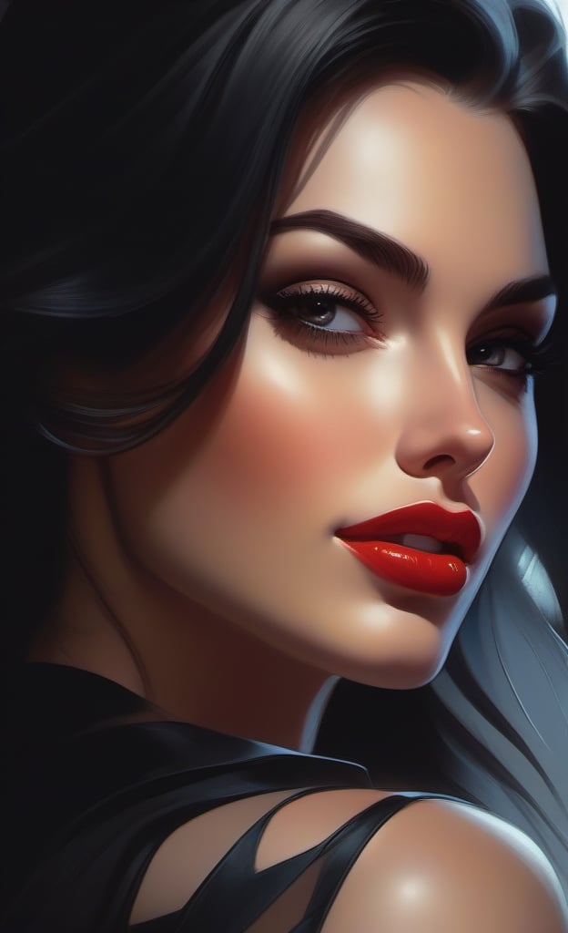 Close up wonderful woman, erotic sin, by artgerm and Martina Fačková, highly detailed, art by Stanley Artgerm, Charlie Bowater, Atey Ghailan and Jay Anacleto, by Jeff Dekal oil painting, heavy strokes, paint dripping, classy, delicate, voluptuous, graceful, trendy, sublime, enchanting