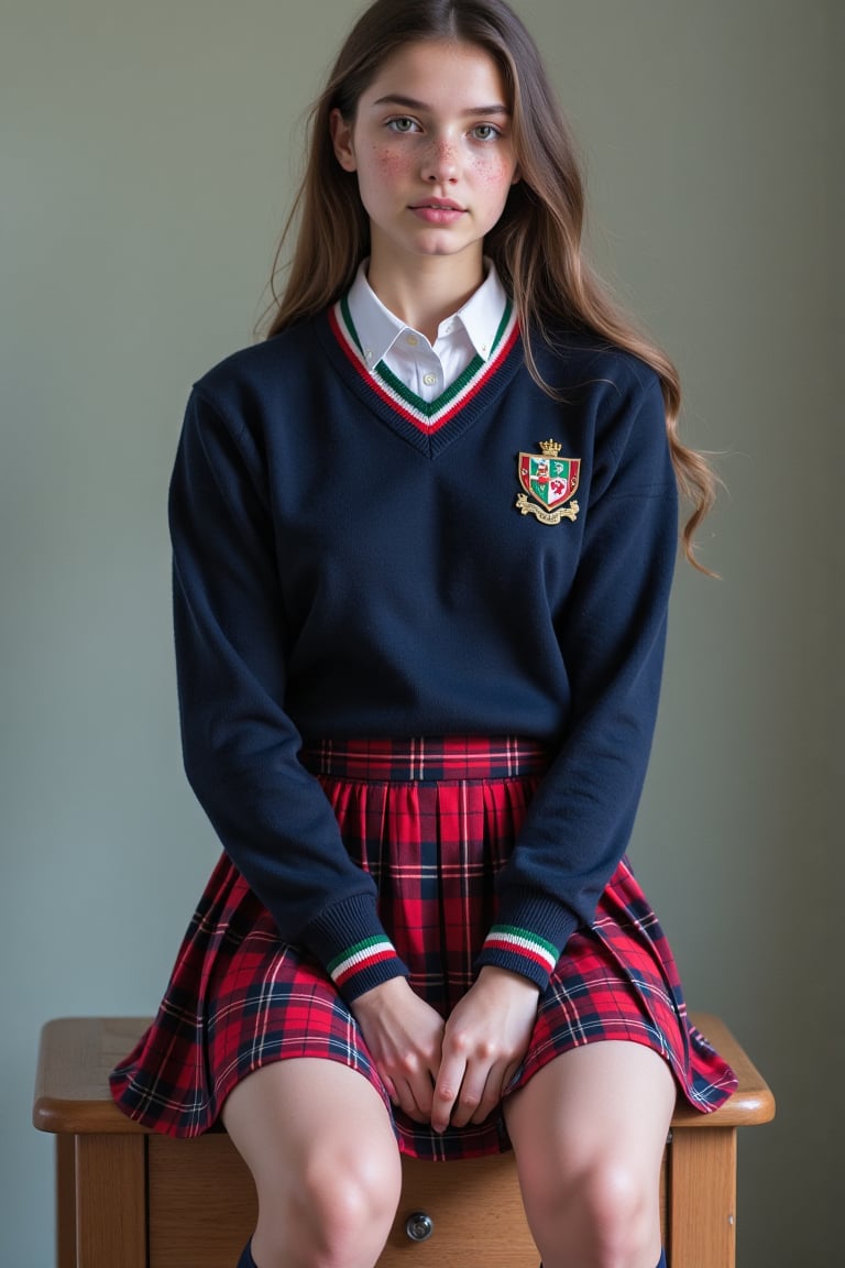 Depict a teenage girl in a classic Italian private school uniform with rich details. She wears a navy-blue,  crew-neck swe...