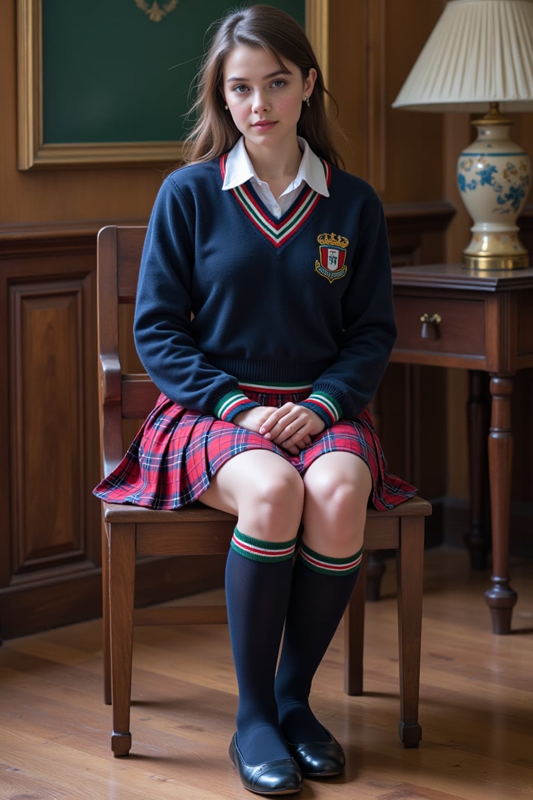 Depict a teenage girl in a classic Italian private school uniform with rich details. She wears a navy-blue,  crew-neck swe...