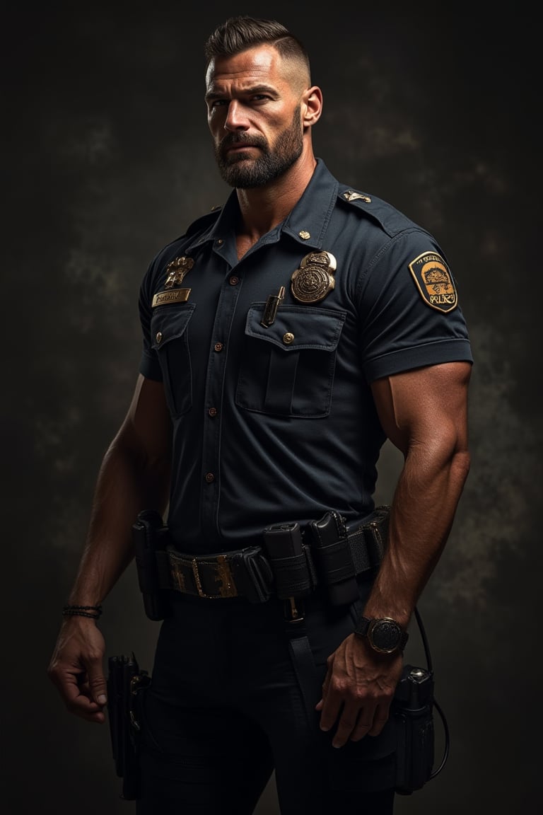 full_body image of a handsome dangerous 45-year-old alpha male cop with short military haircut and stubble beard, huge chest muscle, fully erect, masculine face, squared jawline, hyper detailed, highly detailed