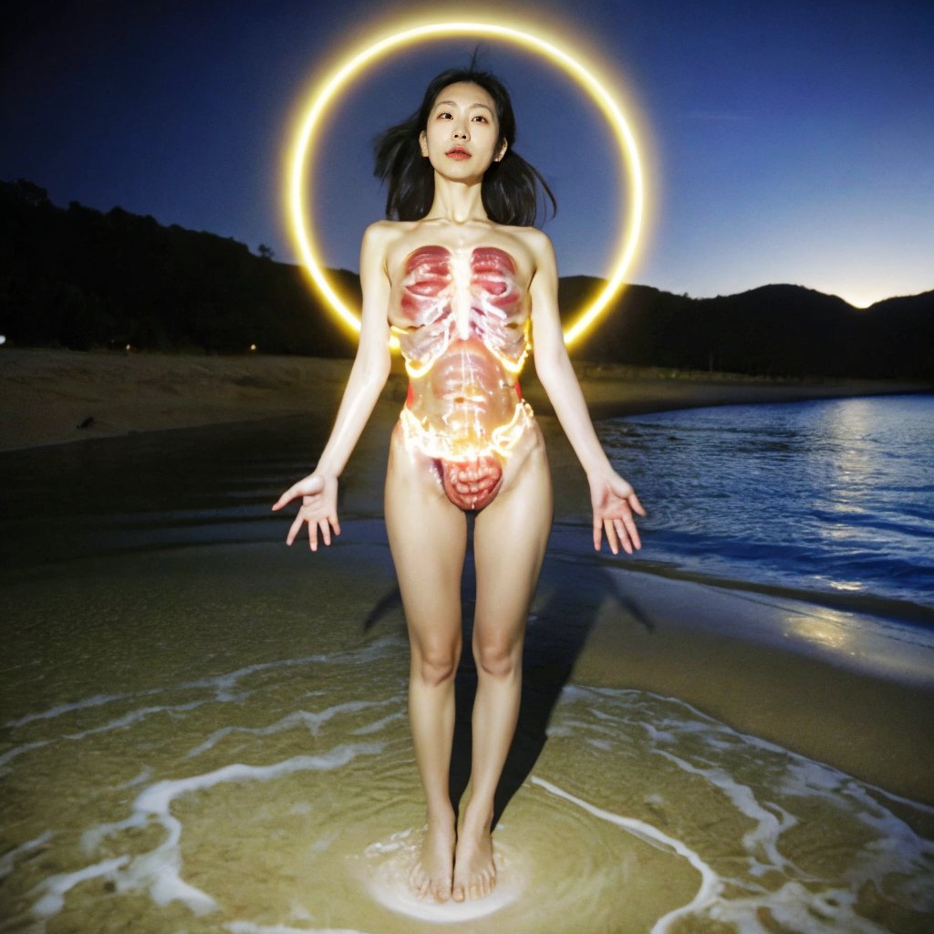 ((Realistic 8K resolution, RAW, extreme detail description)) taken from the bottom up, at ground level photography of full body shot of a young, attractive Asian woman floats in the air, her face surrounded by a glowing halo of red neon lights. There are no bones under her neck, but instead a series of realistic organs, including a spleen, pancreas, kidneys, liver, intestines and extended intestinal structures. dark theme, at city street, near beach.illuminated by film grain, realistic style, realistic skin texture, dramatic lighting, soft lighting, exaggerated perspective of ((Wide-angle lens depth)),