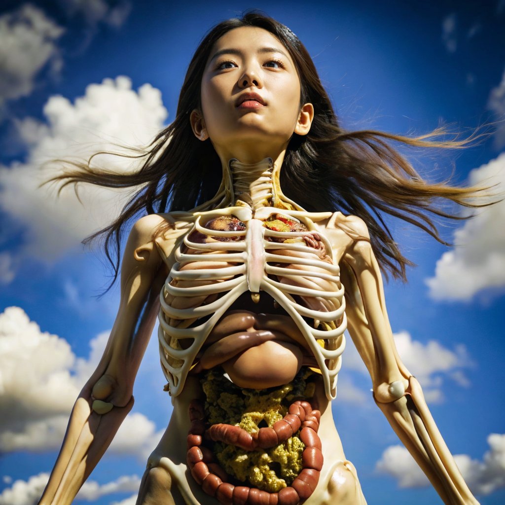 ((Realistic 8K resolution, RAW, extreme detail description)) taken from the bottom up, at ground level photography of full body shot of a young, attractive Asian woman floats in the air, her face surrounded by a glowing halo of red neon lights. There are no bones under her neck, but instead a series of realistic organs, including a spleen, pancreas, kidneys, liver, intestines and extended intestinal structures. dark theme, at city street, near beach.illuminated by film grain, realistic style, realistic skin texture, dramatic lighting, soft lighting, exaggerated perspective of ((Wide-angle lens depth)),