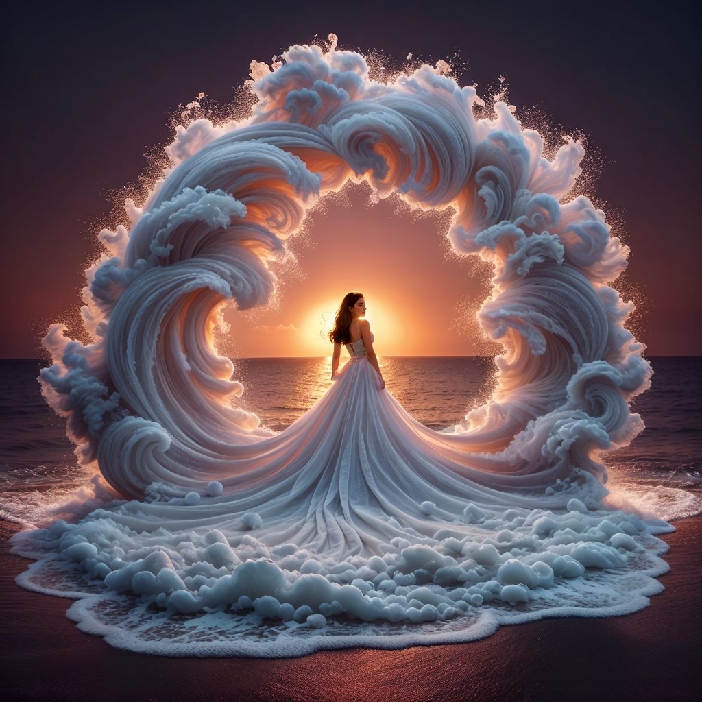 Realistic 8K resolution photography of panoramic view of seafoam waves coming ashore at sunset,  which artistically morphs...