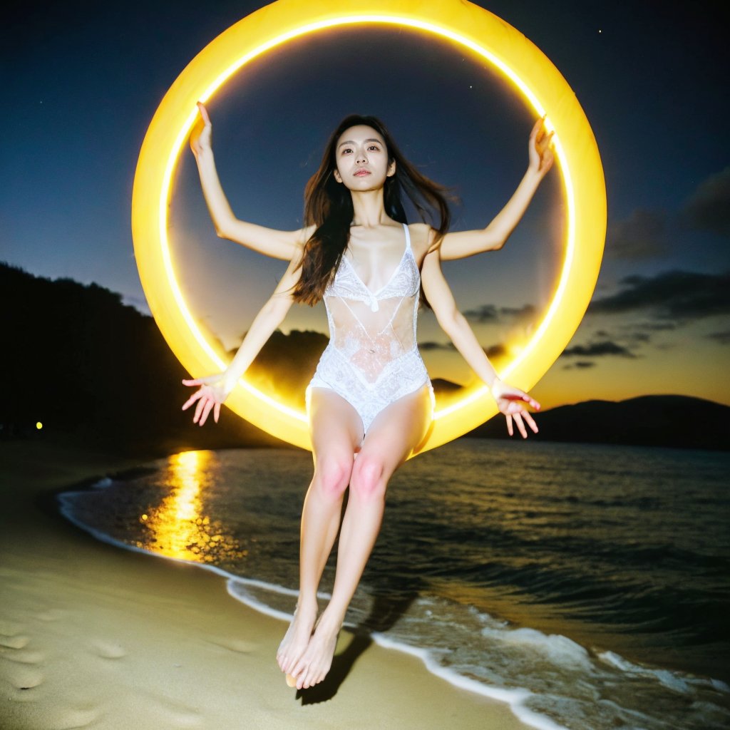 ((Realistic 8K resolution, RAW, extreme detail description)) taken from the bottom up, at ground level photography of full body shot of a young, attractive Asian woman floats in the air, her face surrounded by a glowing halo of red neon lights. There are no bones under her neck, but instead a series of realistic organs, including a spleen, pancreas, kidneys, liver, intestines and extended intestinal structures. dark theme, at city street, near beach.illuminated by film grain, realistic style, realistic skin texture, dramatic lighting, soft lighting, exaggerated perspective of ((Wide-angle lens depth)),