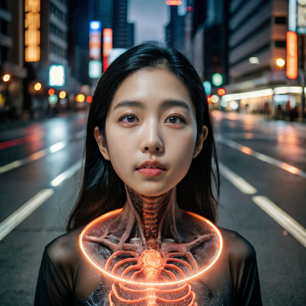 ((Realistic 8K resolution, RAW, extreme detail description)) taken from the bottom up, at ground level photography of full body shot of a young, attractive Asian woman floats in the air, her face surrounded by a glowing halo of red neon lights. There are no bones under her neck, but instead a series of realistic organs, including a spleen, pancreas, kidneys, liver, intestines and extended intestinal structures. dark theme, at city street, near beach.illuminated by film grain, realistic style, realistic skin texture, dramatic lighting, soft lighting, exaggerated perspective of ((Wide-angle lens depth)),