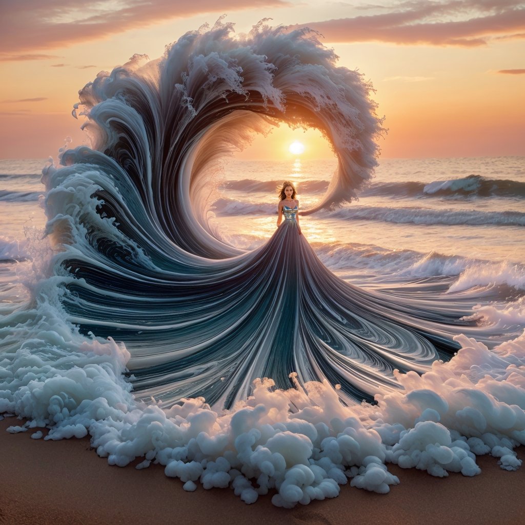 Realistic 8K resolution photography of panoramic view of seafoam waves coming ashore at sunset,  which artistically morphs...