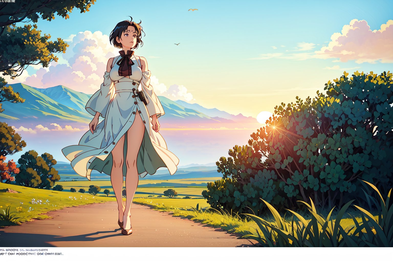 A Cinematic Scene, ((point of view photoshot)), magazine cover, 1person, walking in the sunset, shade and shadow from light, green space in the background, lonely, directed by Hayao Miyazaki, a few birds flying across the sky. 90s anime style, intamacy, detailed facial details. neutral facial expression, full body view, visible legs