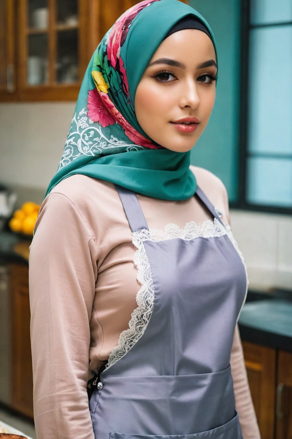 top-quality,Beautiful detailed hijabi,Bewitching face,long lashes,Wearing a colorful (naked_apron),Hide your mouth with a lace cloth,Detailed details,Colossal ,sideboobs,stares at the camera