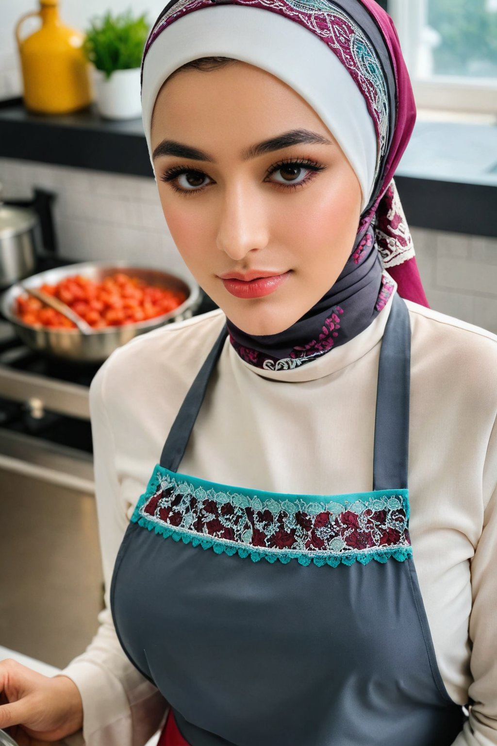 top-quality,Beautiful detailed hijabi,Bewitching face,long lashes,Wearing a colorful (naked_apron),Hide your mouth with a lace cloth,Detailed details,Colossal ,sideboobs,stares at the camera