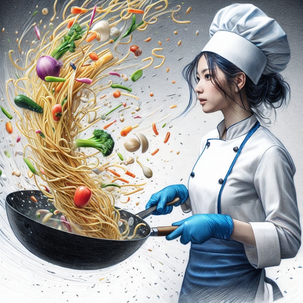 ((Realistic 8K resolution, RAW, extreme detail description)) hyperdetailed photorealistic pencil sketch of 1girl chef cooking stir fry on a wok. holding the wok by the handles with blue potholders and tossing noodles, vegetables, and cooking oil into the air. This is captured with high speed photography so the ingredients are frozen in time. The image is zoomed in on the chef, who is facing the camera. The noodles and vegetables are colored.
break, 
1girl, floating hair, Exquisitely perfect symmetric very gorgeous face, Exquisite delicate crystal clear skin, Detailed beautiful delicate eyes, perfect slim body shape, slender and beautiful fingers, legs, perfect hands, legs, illuminated by film grain, realistic style, realistic skin texture, dramatic lighting, soft lighting, exaggerated perspective of ((Wide-angle lens depth)),