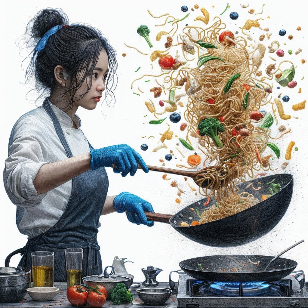 ((Realistic 8K resolution, RAW, extreme detail description)) hyperdetailed photorealistic pencil sketch of 1girl chef cooking stir fry on a wok. holding the wok by the handles with blue potholders and tossing noodles, vegetables, and cooking oil into the air. This is captured with high speed photography so the ingredients are frozen in time. The image is zoomed in on the chef, who is facing the camera. The noodles and vegetables are colored.
break, 
1girl, floating hair, Exquisitely perfect symmetric very gorgeous face, Exquisite delicate crystal clear skin, Detailed beautiful delicate eyes, perfect slim body shape, slender and beautiful fingers, legs, perfect hands, legs, illuminated by film grain, realistic style, realistic skin texture, dramatic lighting, soft lighting, exaggerated perspective of ((Wide-angle lens depth)),