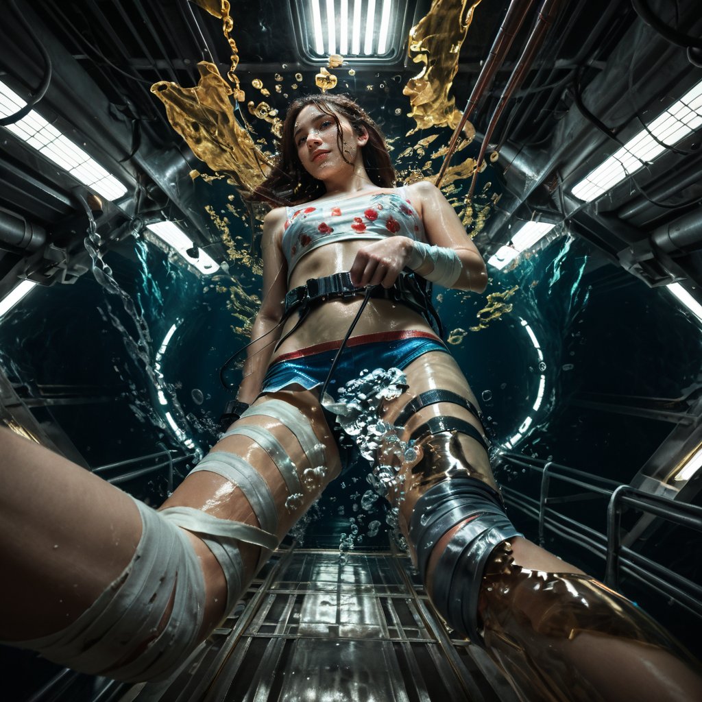 ((Realistic 8K resolution, RAW, extreme detail description)) photography of grungy extremely shattered oil painting dark artistic close-up portrait of stunning cyberpunk female, bandages clothing, floating fully immersed and wired in a futuristic vertical healing chamber, underwater; illuminated by film grain, realistic style, realistic skin texture, dramatic lighting, soft lighting, exaggerated perspective of ((Wide-angle lens depth)),