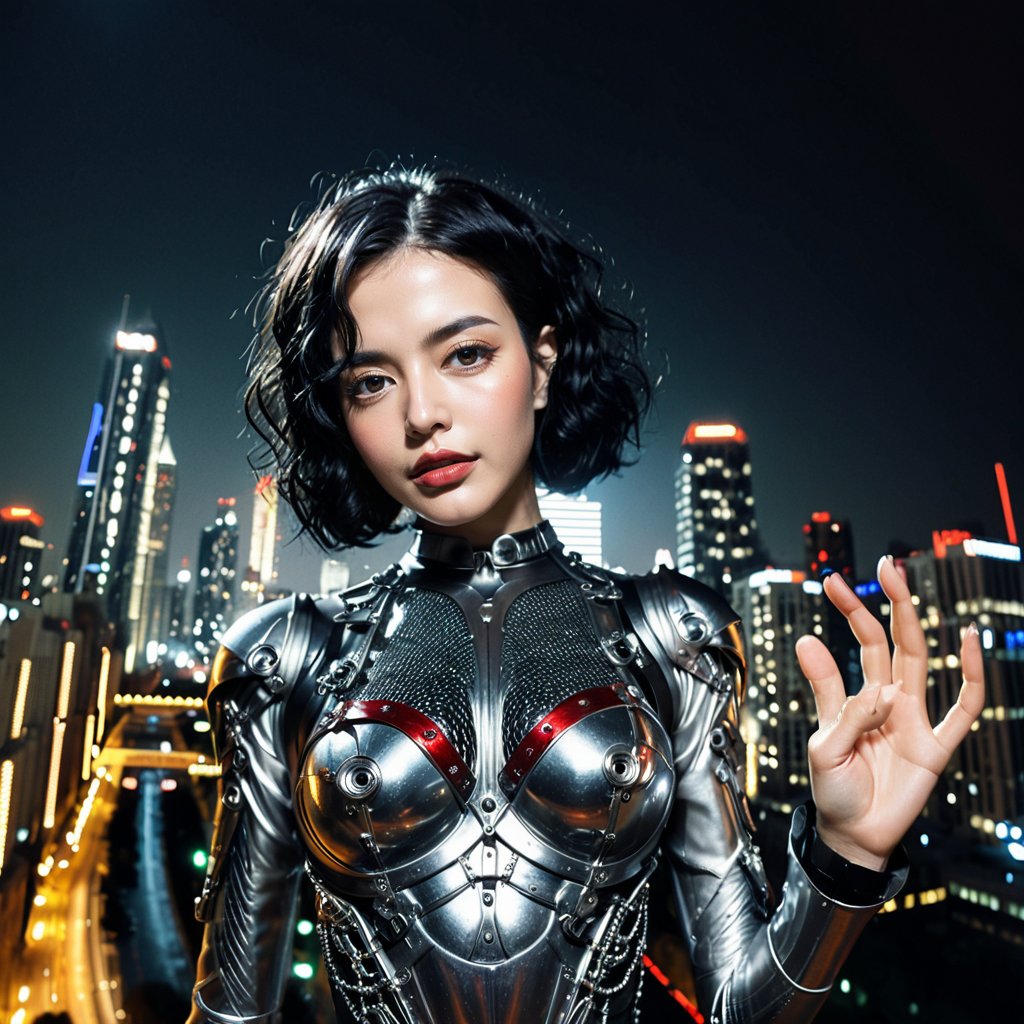 Realistic 16K resolution photography of A full body shot of a young goth woman,  short black curly hair,  slightly smiling...