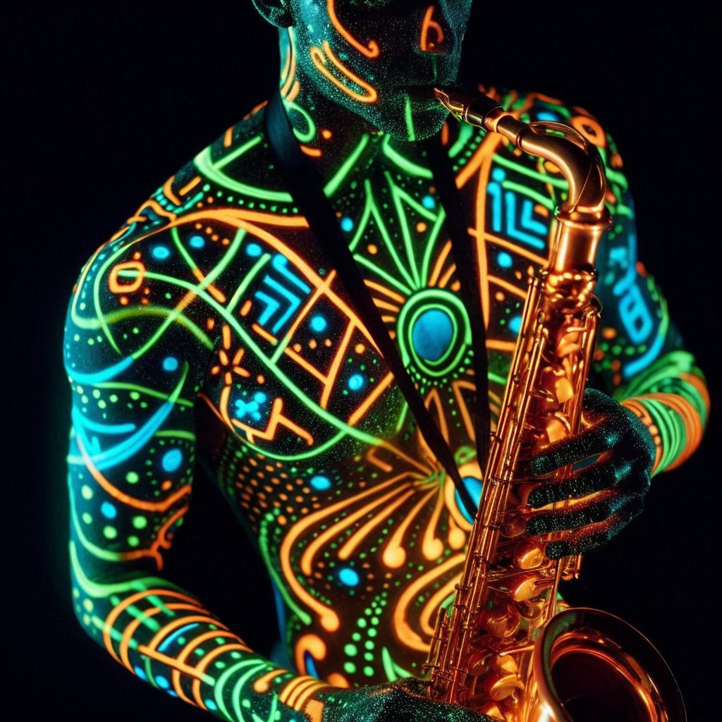 Realistic 16K photography of 1figure play saxphone, adorned with bioluminescent geometry pattern tattoos, glowing brightly against the black backdrop, Intricate tattoos illuminate in neon hues, casting an ethereal light around the figure.
break,
1girl, Exquisitely perfect symmetric very gorgeous face, Exquisite delicate crystal clear skin, Detailed beautiful delicate eyes, perfect slim body shape, slender and beautiful fingers, legs, perfect hands, legs, illuminated by film grain, realistic style, realistic skin texture, dramatic lighting, soft lighting, exaggerated perspective of ((Wide-angle lens depth)), insane details, high details,