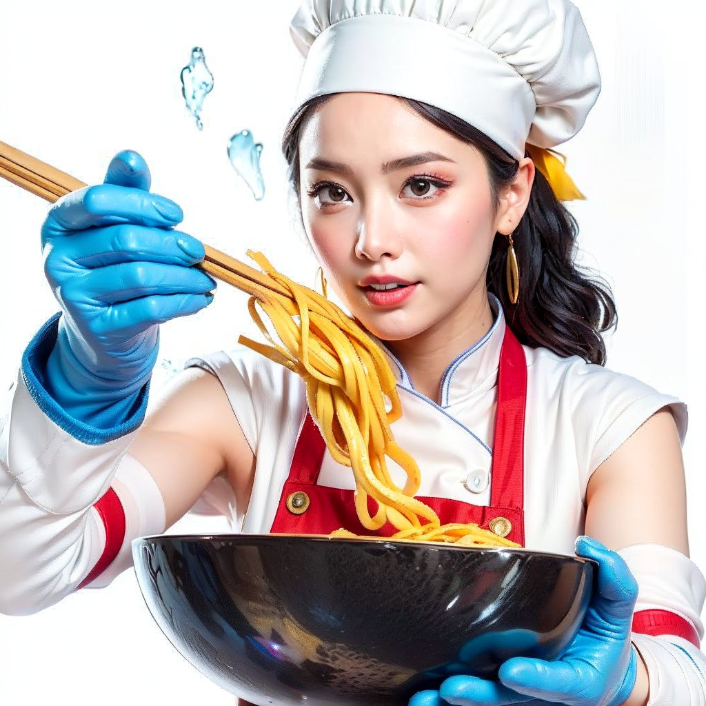 ((Realistic 8K resolution, RAW, extreme detail description)) hyperdetailed photorealistic pencil sketch of 1girl chef cooking stir fry on a wok. holding the wok by the handles with blue potholders and tossing noodles, vegetables, and cooking oil into the air. This is captured with high speed photography so the ingredients are frozen in time. The image is zoomed in on the chef, who is facing the camera. The noodles and vegetables are colored.
break, 
1girl, floating hair, Exquisitely perfect symmetric very gorgeous face, Exquisite delicate crystal clear skin, Detailed beautiful delicate eyes, perfect slim body shape, slender and beautiful fingers, legs, perfect hands, legs, illuminated by film grain, realistic style, realistic skin texture, dramatic lighting, soft lighting, exaggerated perspective of ((Wide-angle lens depth)),