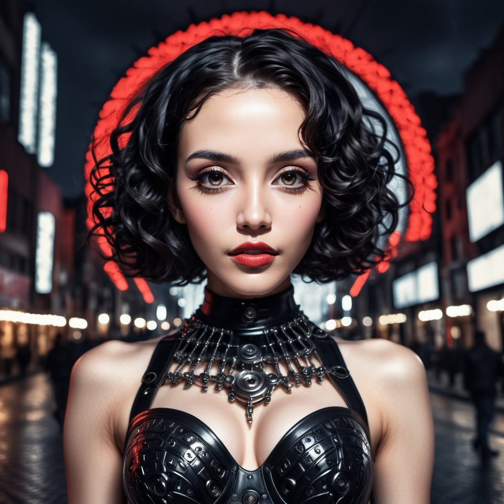 Realistic 16K resolution photography of A full body shot of a young goth woman,  short black curly hair,  slightly smiling...
