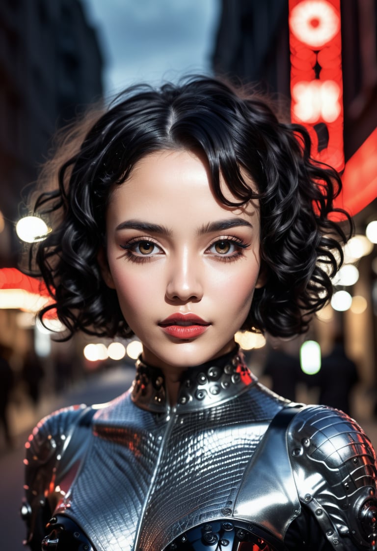 Realistic 16K resolution photography of A full body shot of a young goth woman,  short black curly hair,  slightly smiling...