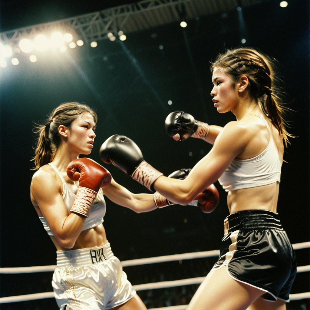 2 female boxer delivers a powerful punch towards each other, sending sweat flying in the air, in the Olympic boxing ring.
break, 
2 girl, Exquisitely perfect symmetric very gorgeous face, Exquisite delicate crystal clear skin, Detailed beautiful delicate eyes, perfect slim body shape, slender and beautiful fingers, legs, perfect hands, legs, illuminated by film grain, realistic style, realistic skin texture, dramatic lighting, soft lighting, exaggerated perspective of ((Wide-angle lens depth)), extreme detail description,