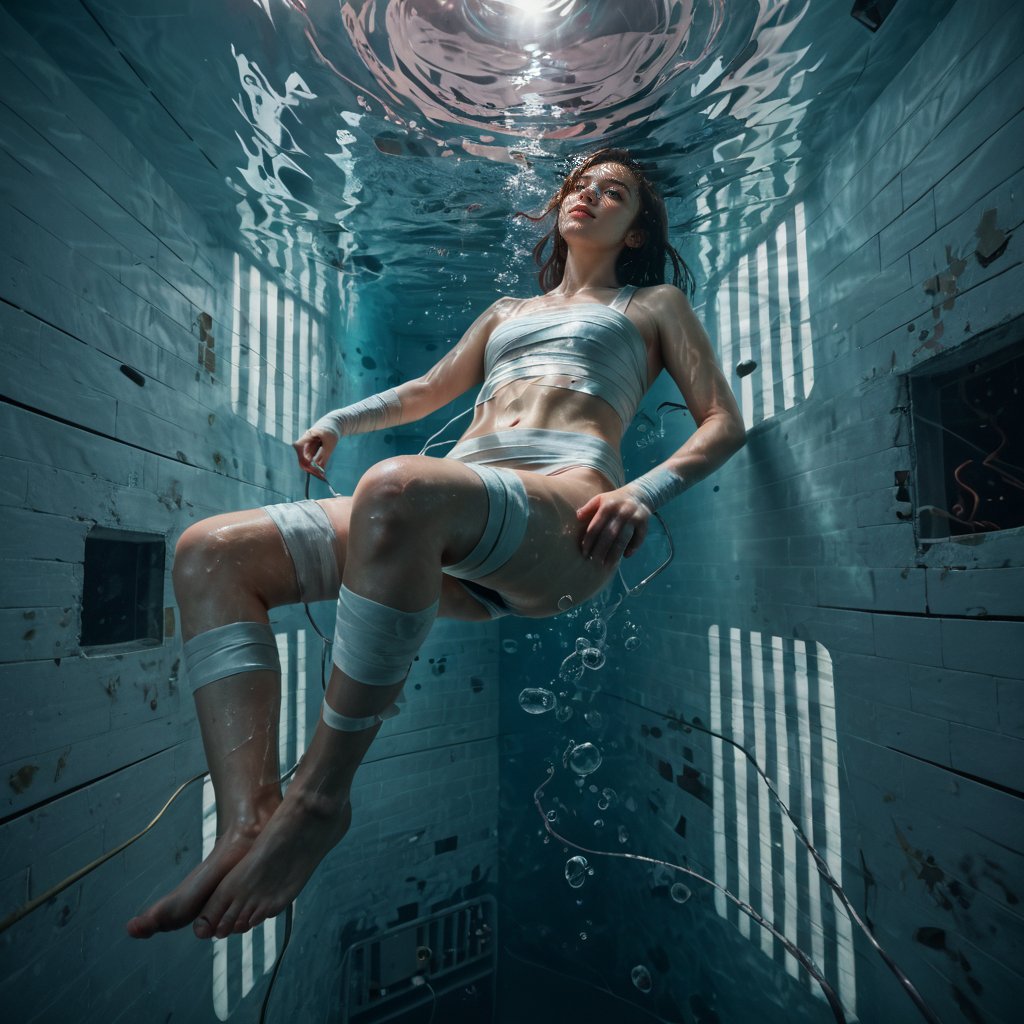 ((Realistic 8K resolution, RAW, extreme detail description)) photography of grungy extremely shattered oil painting dark artistic close-up portrait of stunning cyberpunk female, bandages clothing, floating fully immersed and wired in a futuristic vertical healing chamber, underwater; illuminated by film grain, realistic style, realistic skin texture, dramatic lighting, soft lighting, exaggerated perspective of ((Wide-angle lens depth)),