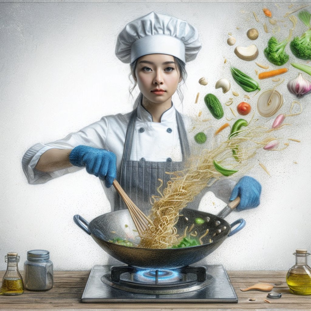 ((Realistic 8K resolution, RAW, extreme detail description)) hyperdetailed photorealistic pencil sketch of 1girl chef cooking stir fry on a wok. holding the wok by the handles with blue potholders and tossing noodles, vegetables, and cooking oil into the air. This is captured with high speed photography so the ingredients are frozen in time. The image is zoomed in on the chef, who is facing the camera. The noodles and vegetables are colored.
break, 
1girl, floating hair, Exquisitely perfect symmetric very gorgeous face, Exquisite delicate crystal clear skin, Detailed beautiful delicate eyes, perfect slim body shape, slender and beautiful fingers, legs, perfect hands, legs, illuminated by film grain, realistic style, realistic skin texture, dramatic lighting, soft lighting, exaggerated perspective of ((Wide-angle lens depth)),