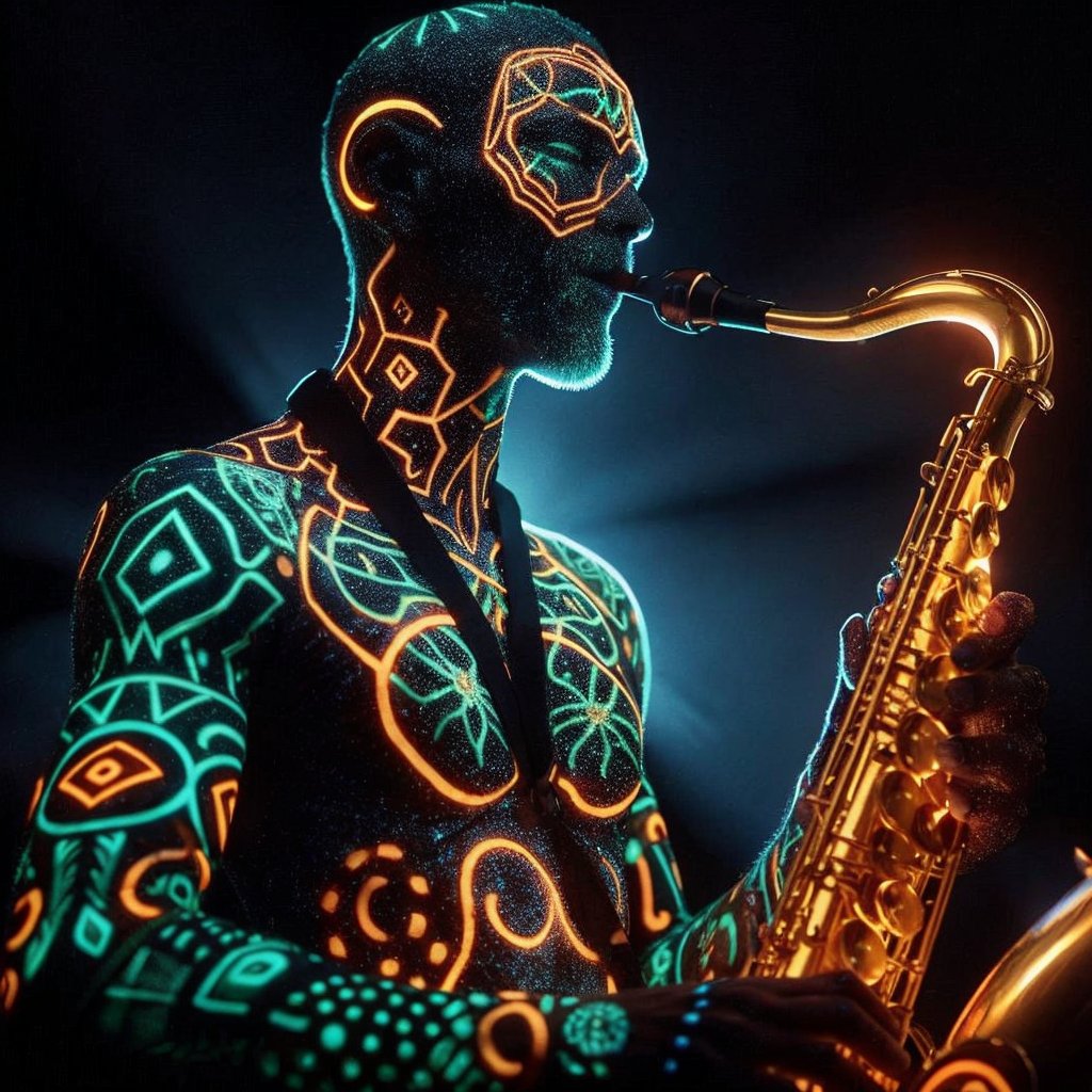 Realistic 16K photography of 1figure play saxphone, adorned with bioluminescent geometry pattern tattoos, glowing brightly against the black backdrop, Intricate tattoos illuminate in neon hues, casting an ethereal light around the figure.
break,
1girl, Exquisitely perfect symmetric very gorgeous face, Exquisite delicate crystal clear skin, Detailed beautiful delicate eyes, perfect slim body shape, slender and beautiful fingers, legs, perfect hands, legs, illuminated by film grain, realistic style, realistic skin texture, dramatic lighting, soft lighting, exaggerated perspective of ((Wide-angle lens depth)), insane details, high details,