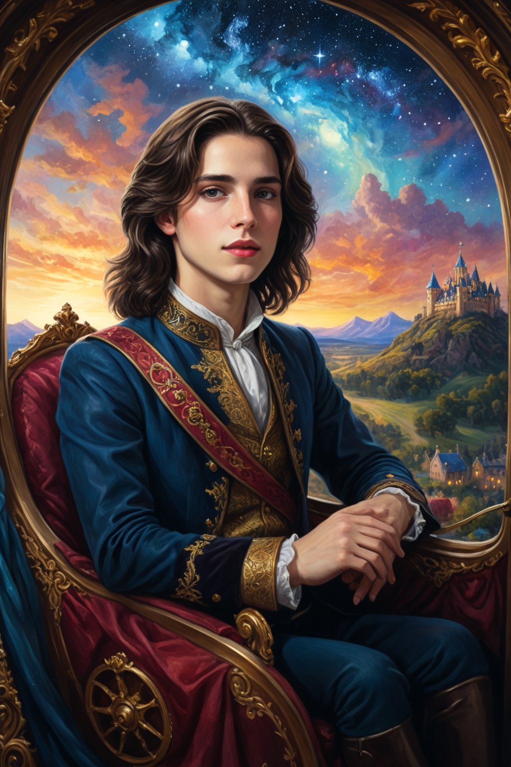 A painting of a beautiful young androgynous prince with long lustrous wavy dark brown hair and a rounded face, riding inside a royal carriage, through a magestic kingdom, vibrant night sky visible through the window, 4K UHD